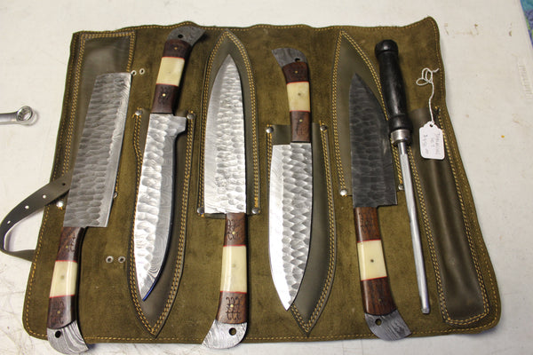 Hand Forged Damascus Set - Bone Walnut Italian Leather